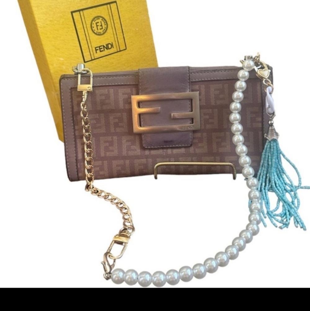 FENDI Zucca Monogram Canvas/Leather Wallet/Shoulder Bag Gold and Pearl Chain